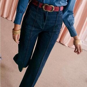 Sezane Indigo Flare Jeans with Red Belt